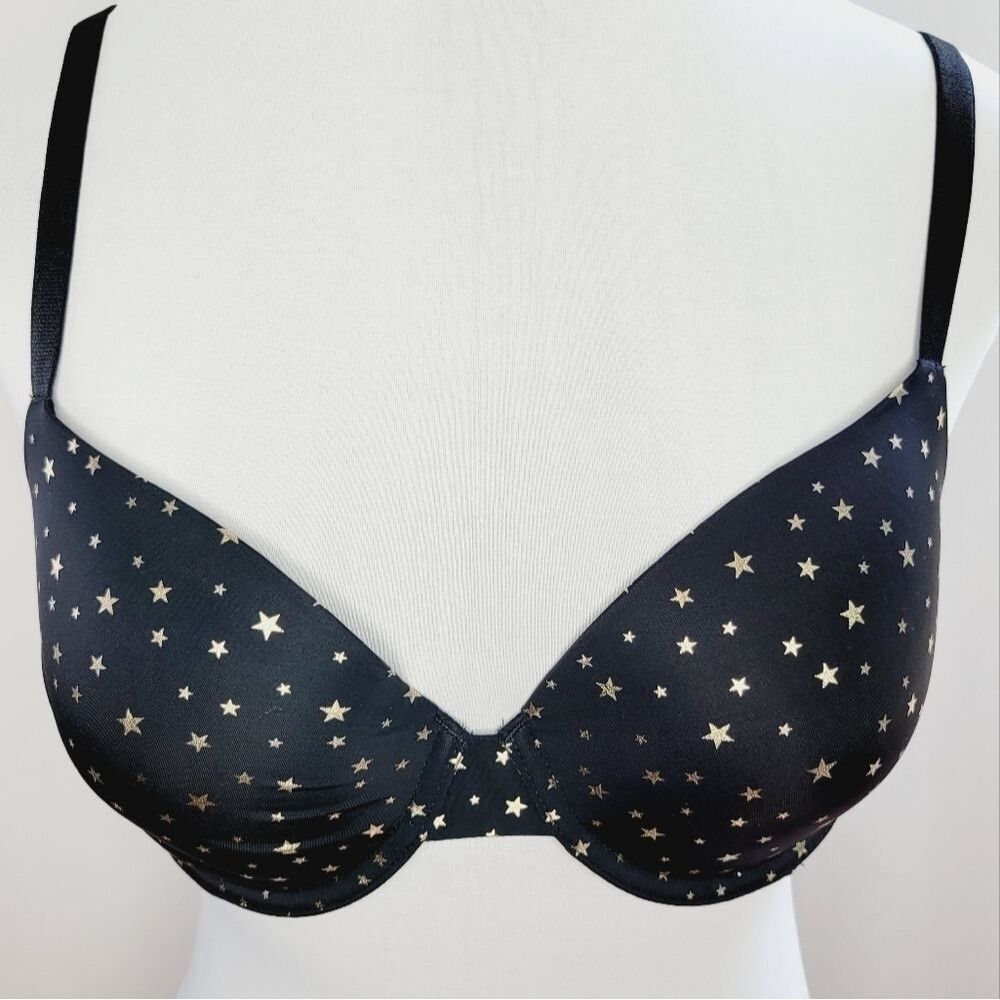 Victoria's Secret Bra Lined Demi Black & Gold Metallic Star Print 32DD